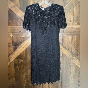 Vintage 90’s Brilliante By JA Black Beaded Sequin 100% Silk Midi Dress Size S